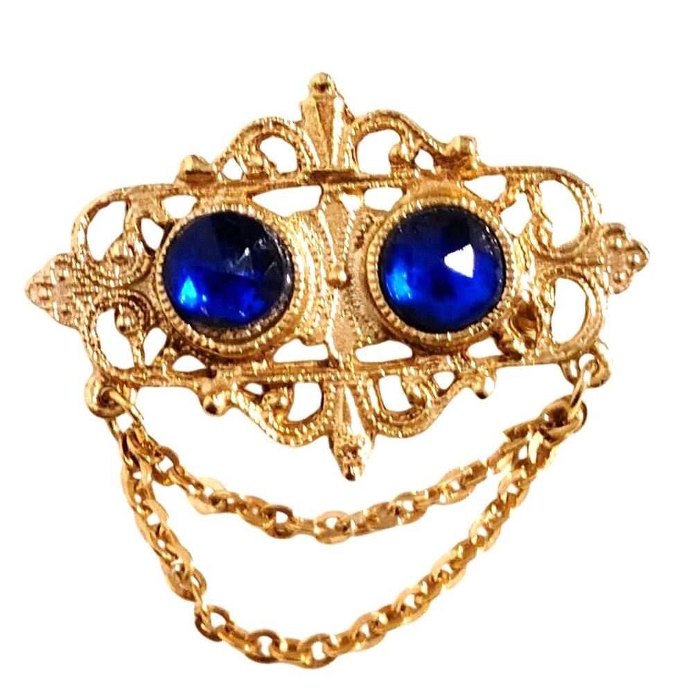 Vintage Yellow Gold Tone Blue Stone Rhinestone Chain Scrolled Pin Brooch Jewelry